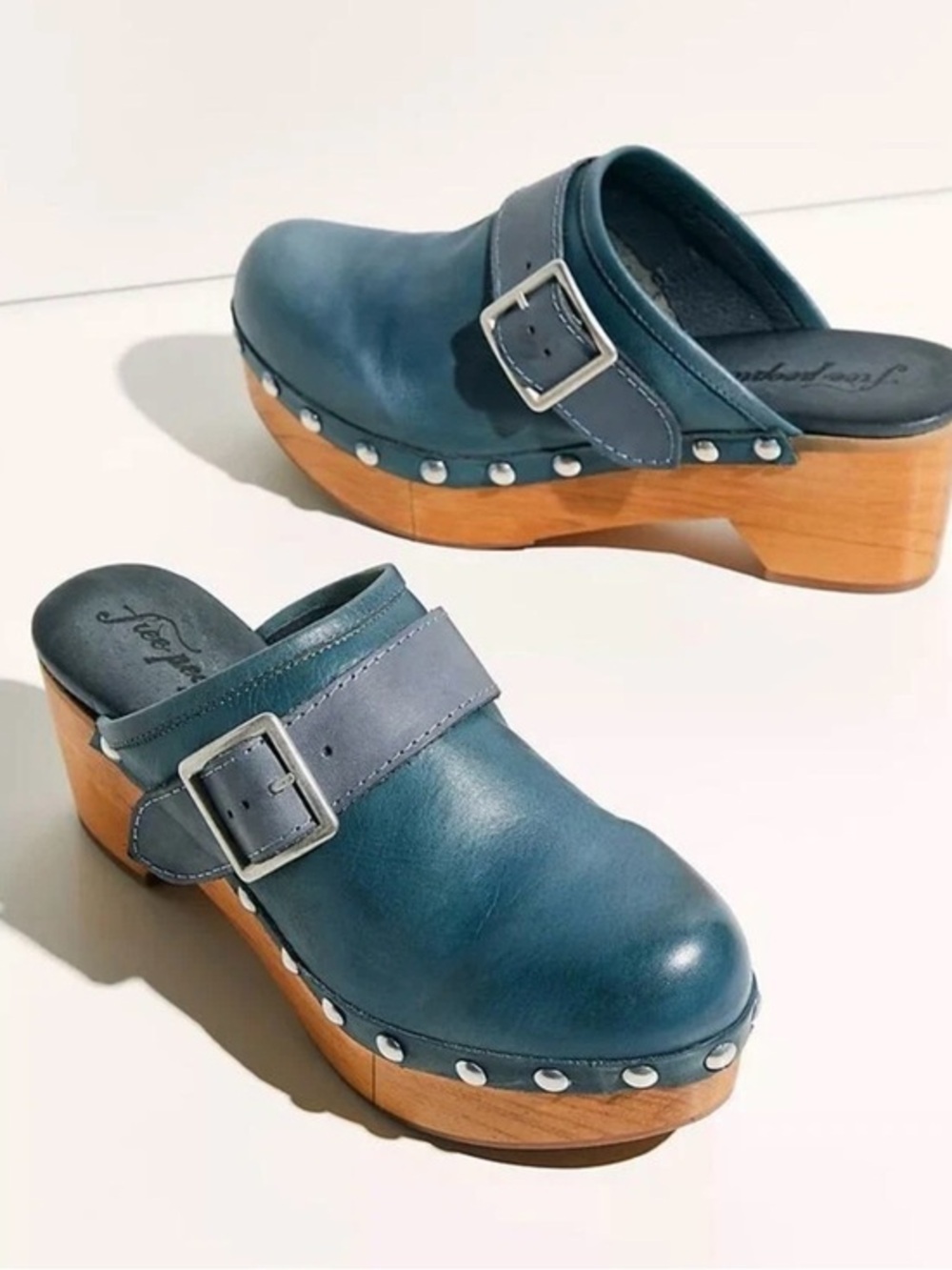 Free People Culver City Clog Teal Leather Buckled 39 GUC